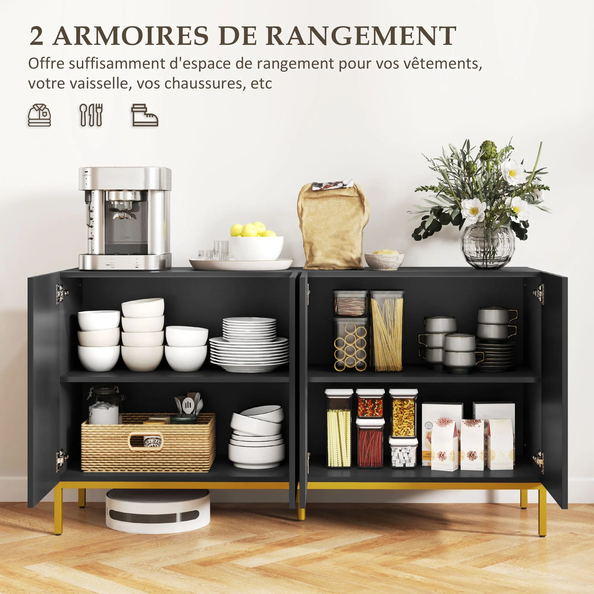 Buffet noir et doré à 2 placards réglables