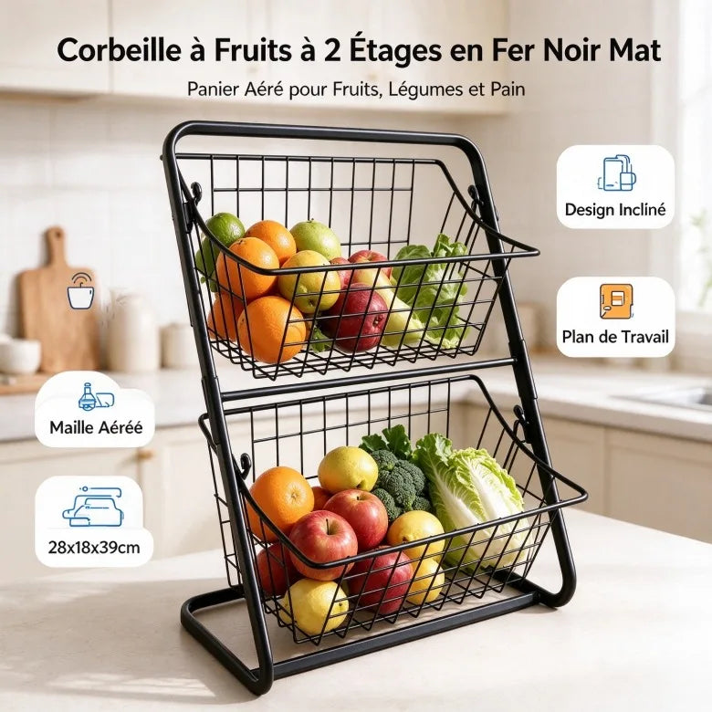 Corbeille à fruits métallique noire à deux niveaux, visuel 2