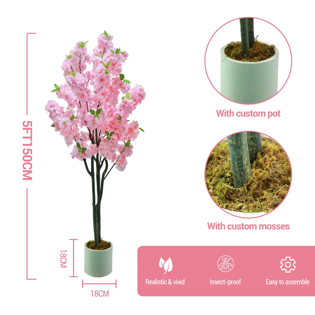 Arbre artificiel de cerisier en pot, fleurs roses, dimensions et mousse décorative visibles.