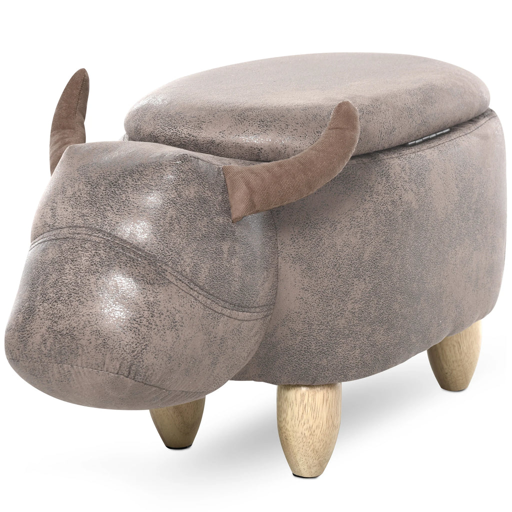 Pouf vache avec coffre de rangement, brun aspect daim — vue de trois quarts