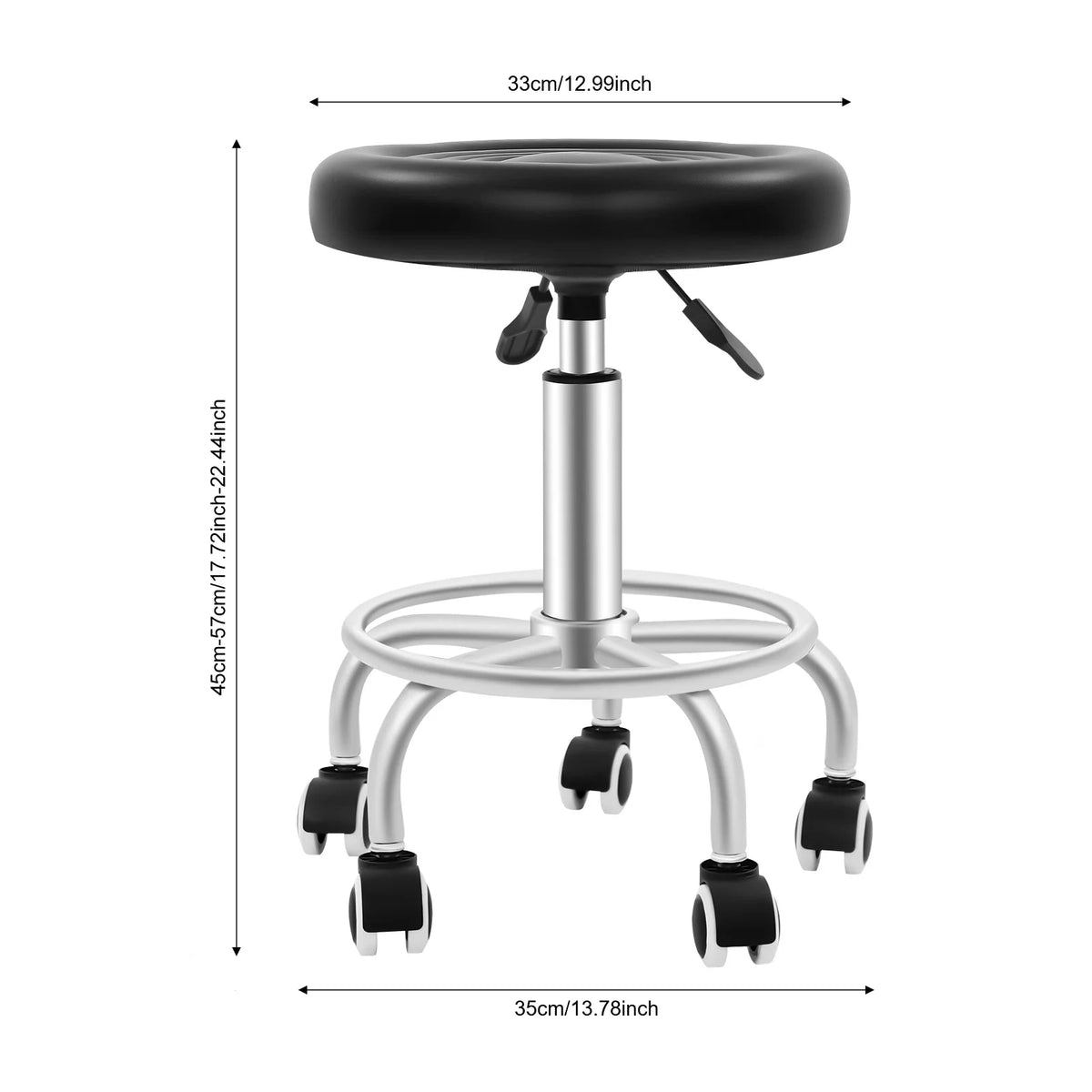 Tabouret à roulettes pivotant, hauteur réglable 45–57 cm — dimensions du tabouret
