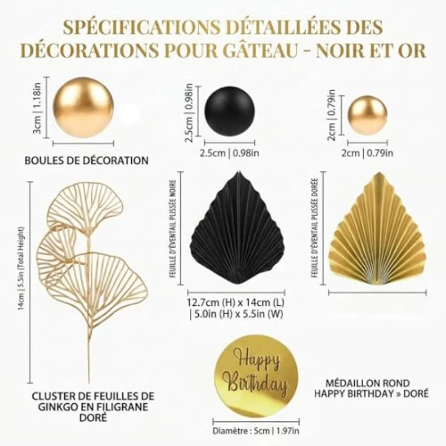 Dimensions et formes des décorations de gâteau noir et or