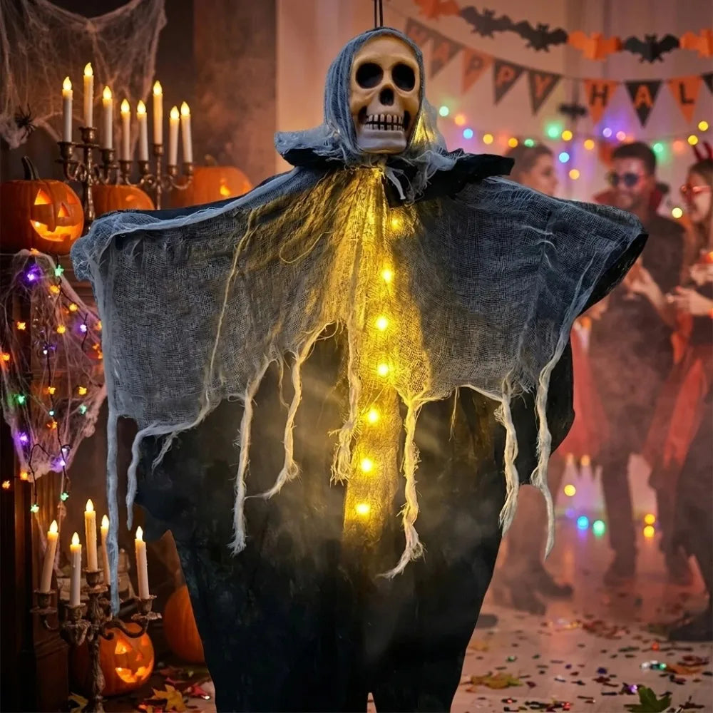 Squelette fantôme lumineux à suspendre pour Halloween : modèle jaune et accessoires Halloween.