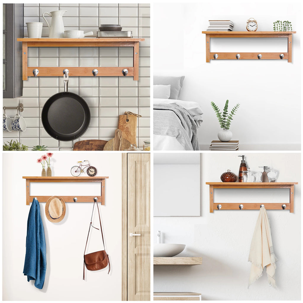 Porte-manteau mural en bambou avec 4 patères – 50 cm – vue 7