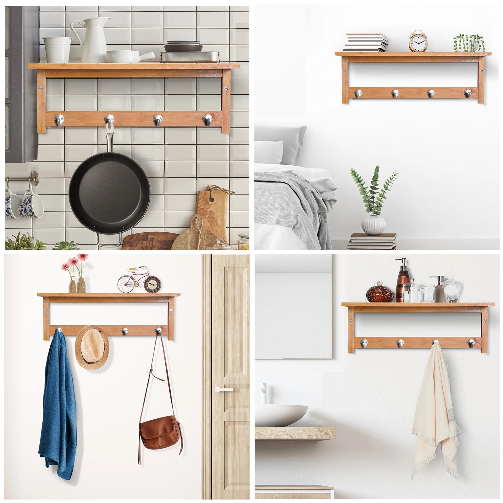 Porte-manteau mural en bambou avec 4 patères – 50 cm – vue 7