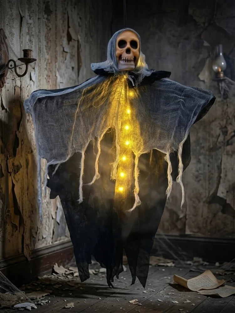 Squelette fantôme lumineux à suspendre pour Halloween : variante à lumière jaune.