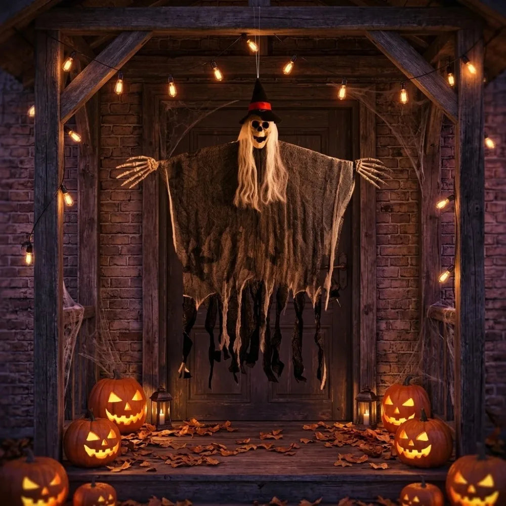Sorcière squelette à suspendre pour Halloween : modèle gris en ambiance Halloween.