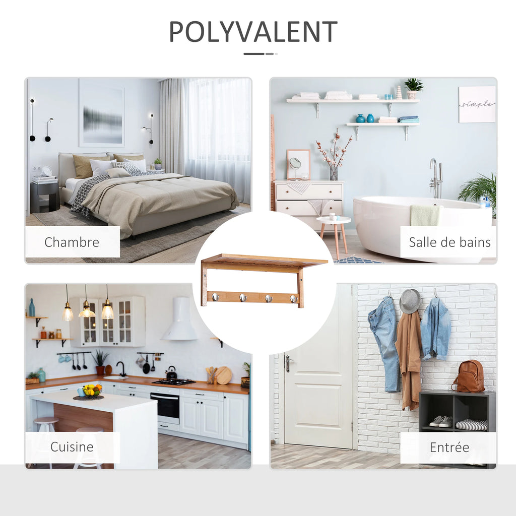 Porte-manteau mural en bambou avec 4 patères – 50 cm – vue 6