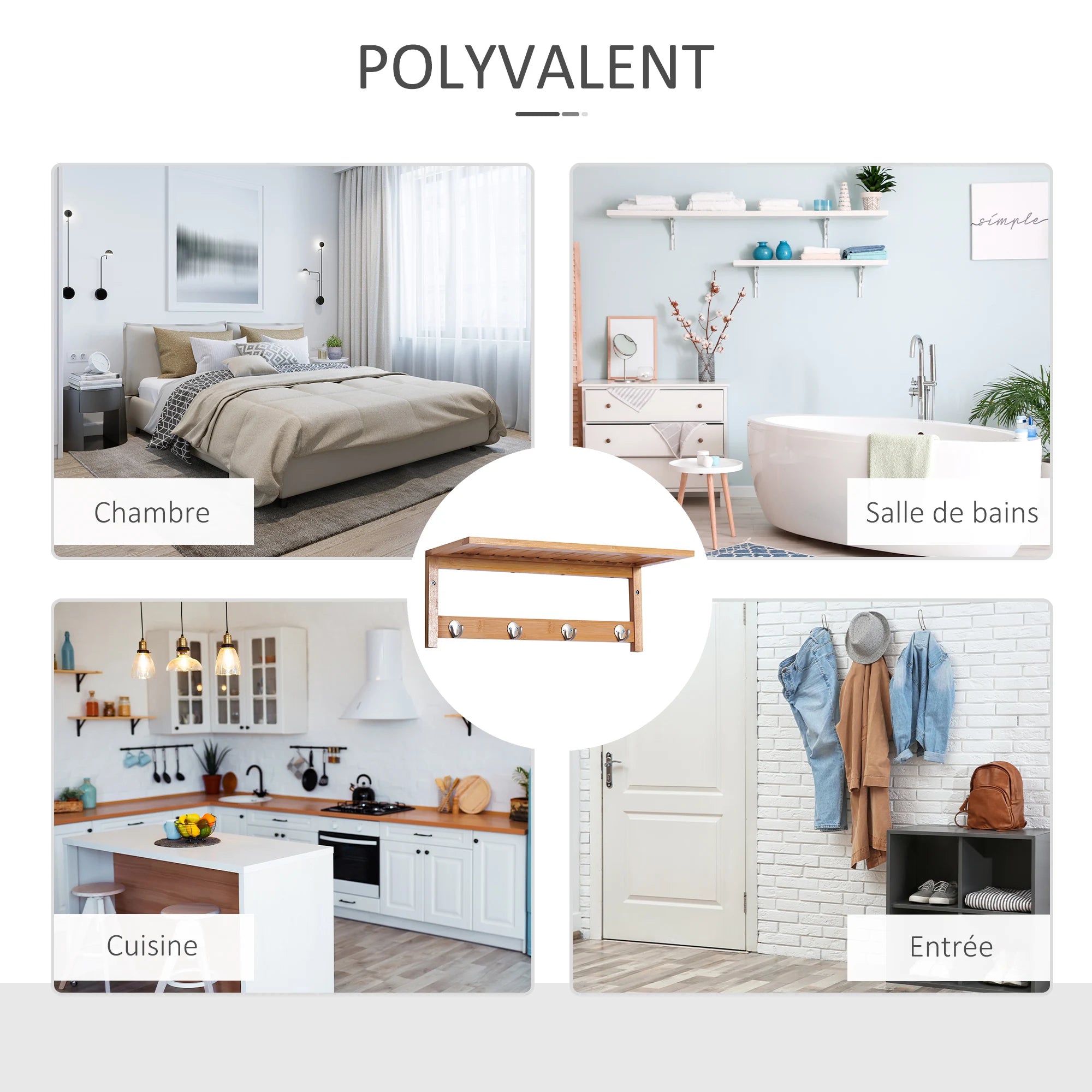 Porte-manteau mural en bambou avec 4 patères – 50 cm – vue 6