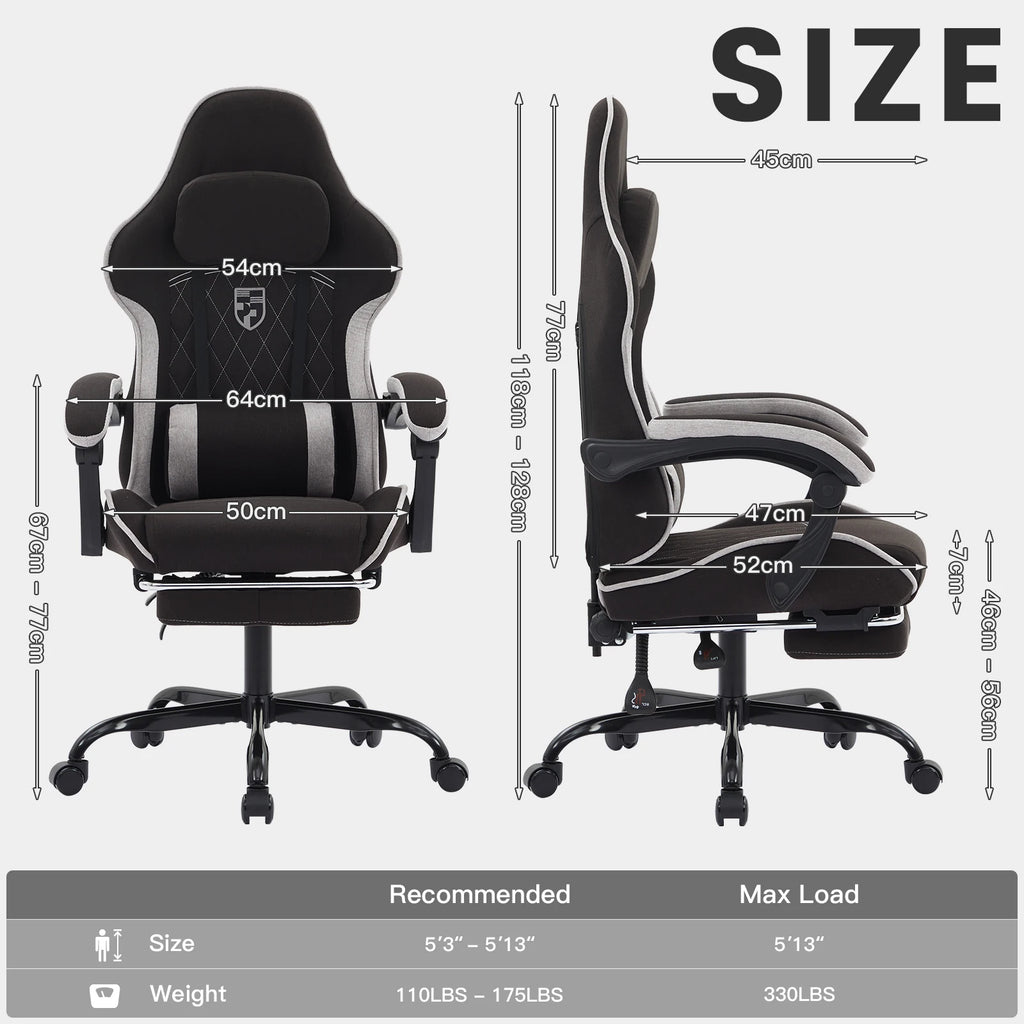 Fauteuil gaming avec repose-pieds — schéma des dimensions du fauteuil