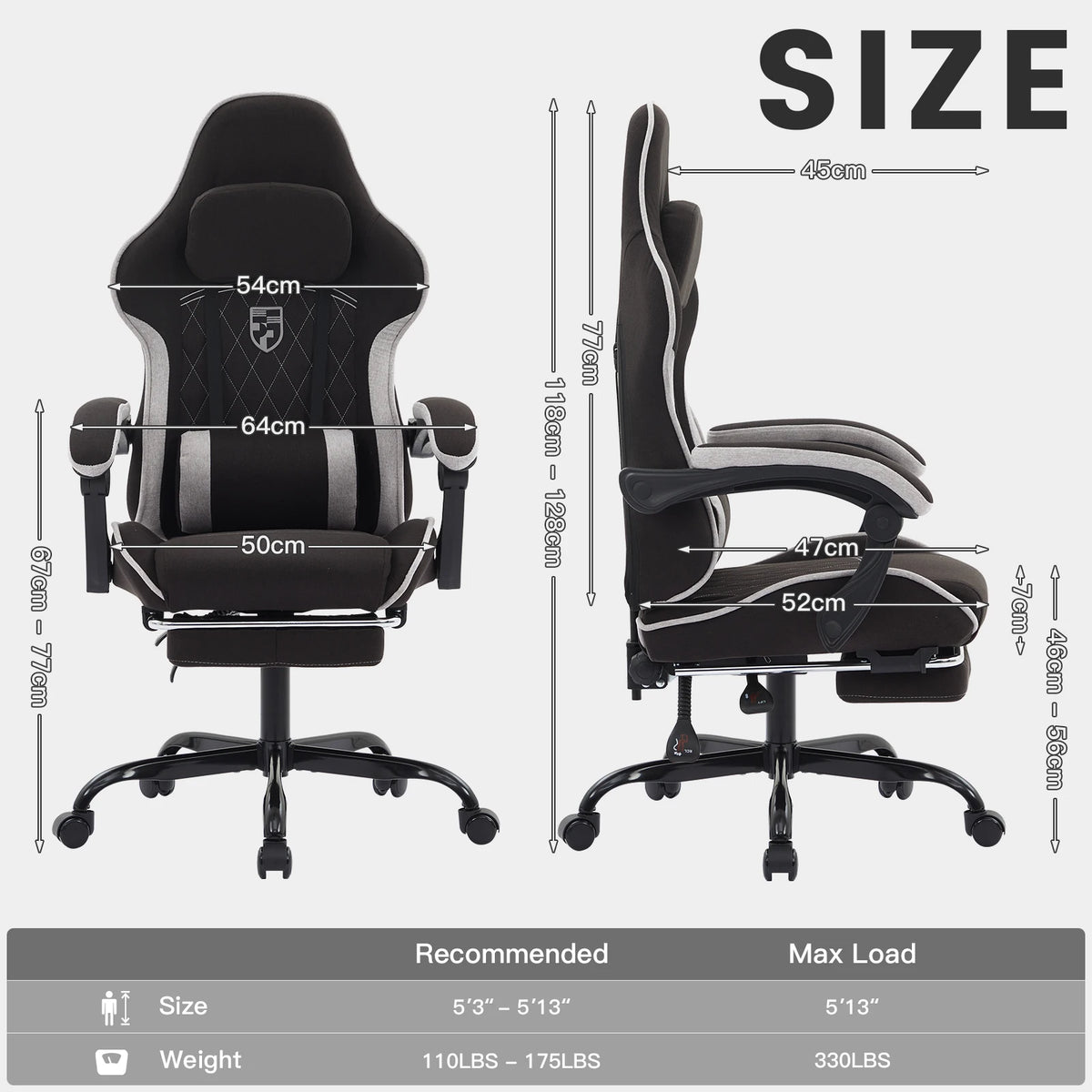 Fauteuil gaming avec repose-pieds — schéma des dimensions du fauteuil