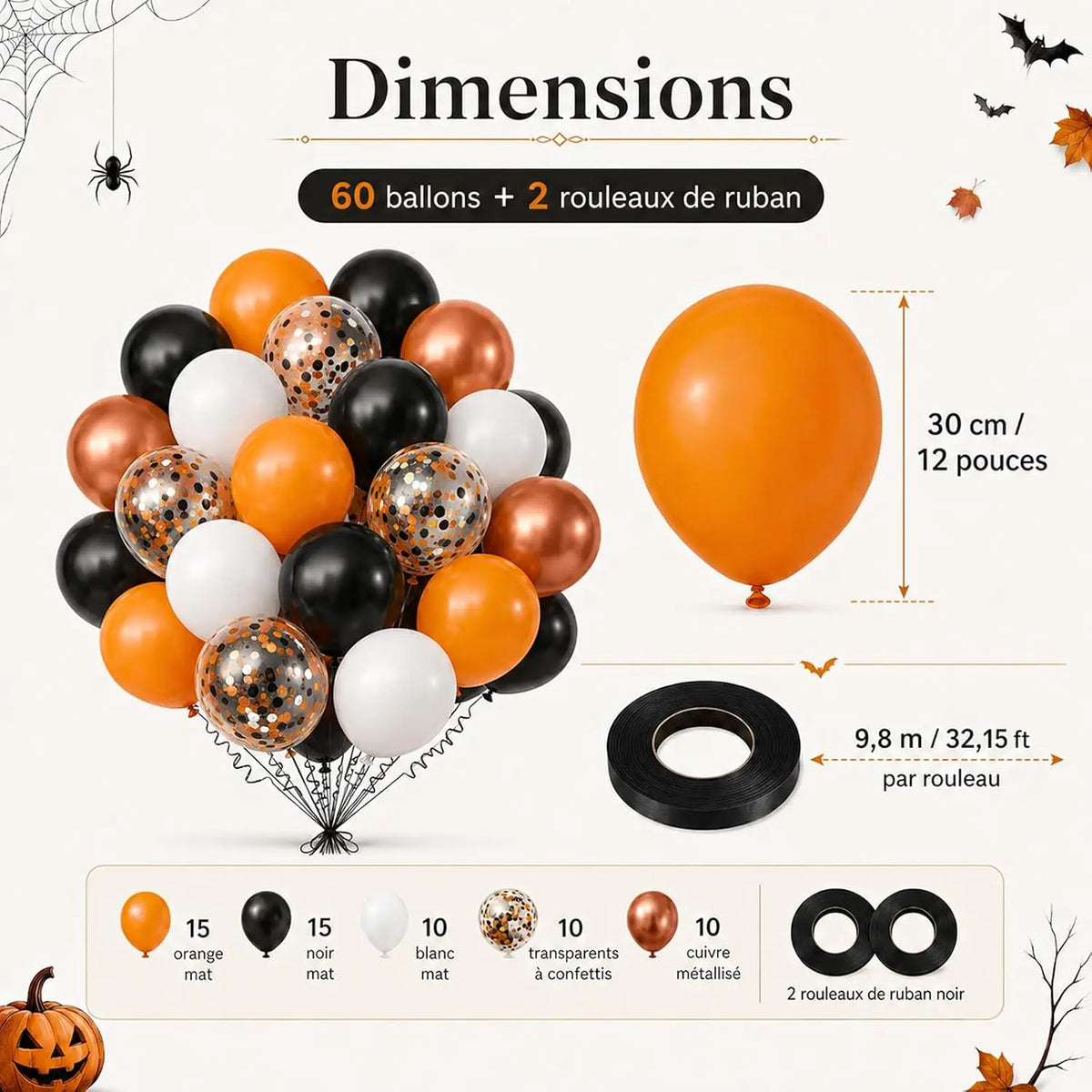 Ballons Halloween orange et noirs : composition du lot de 60 ballons et dimensions.