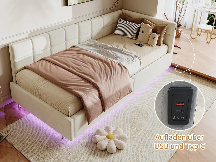 Lit banquette 90 × 200 cm avec LED, USB et rangement