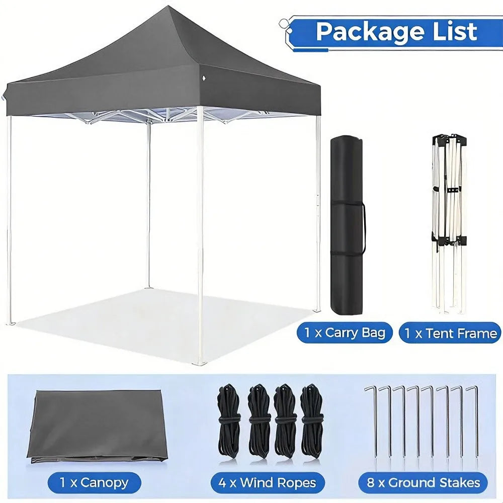 Pergola pliante grise et sac de transport avec cadre, cordes et piquets.