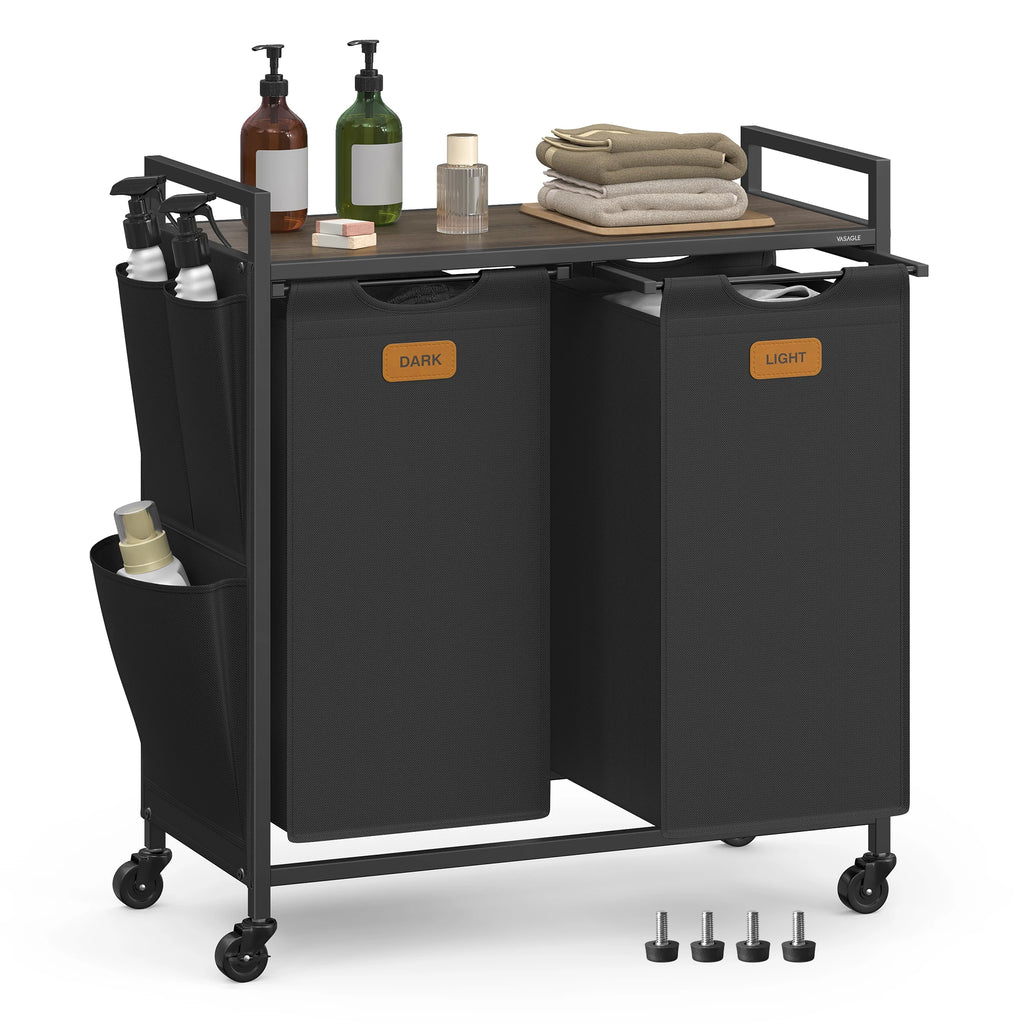 Panier à linge 100 L sur roulettes avec deux compartiments et étagère, illustration 1