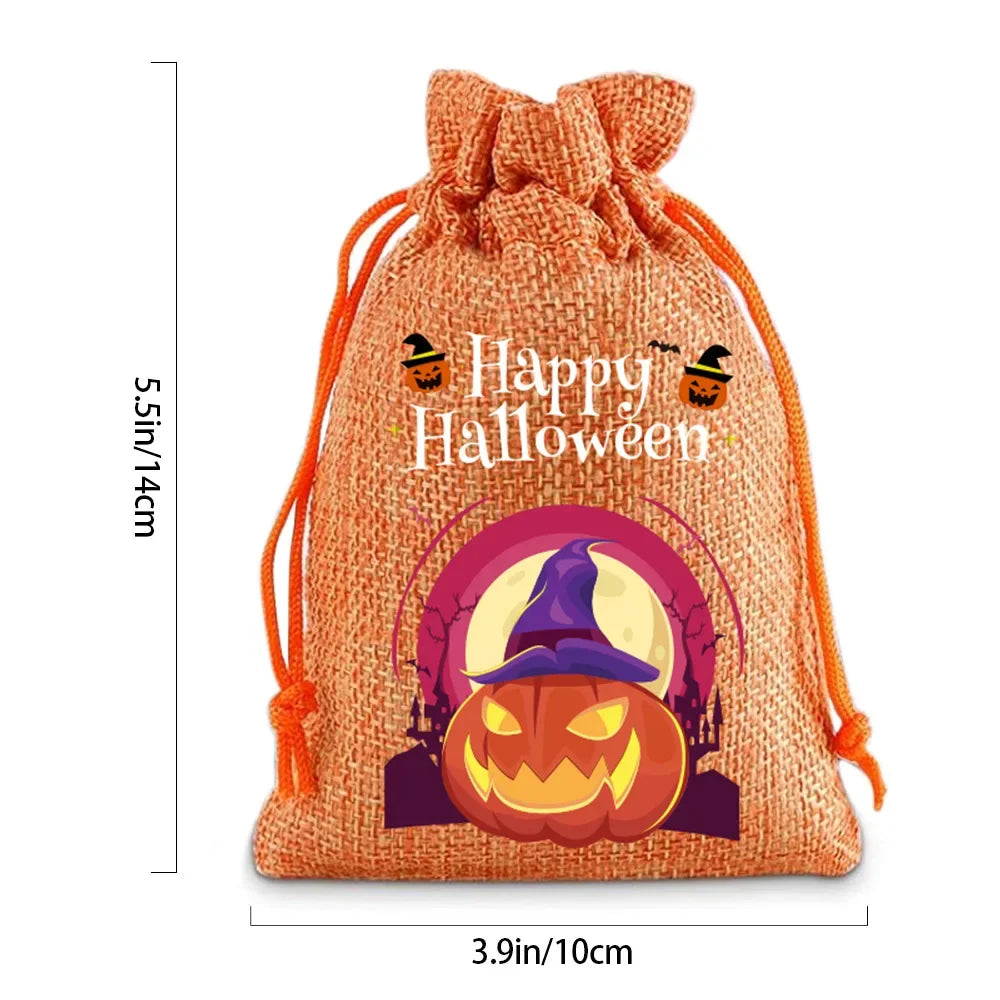 Dimensions illustrées d’un sachet orange Halloween à cordon