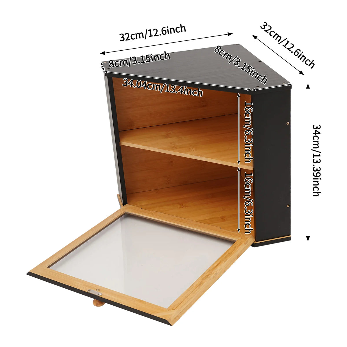 Boîte à pain d’angle en bambou noir à 2 niveaux — dimensions du modèle d’angle et porte ouverte