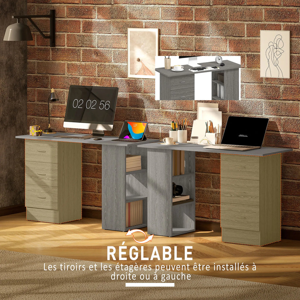 Bureau réversible avec 3 tiroirs et 3 étagères