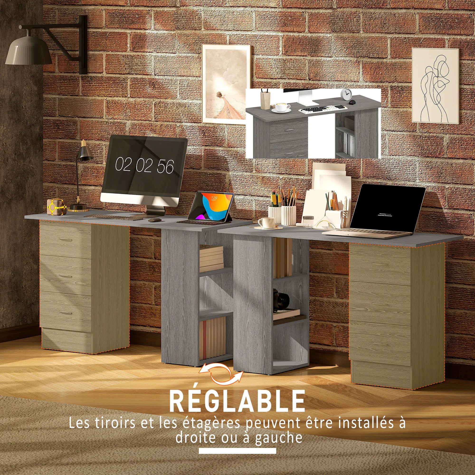Bureau réversible avec 3 tiroirs et 3 étagères