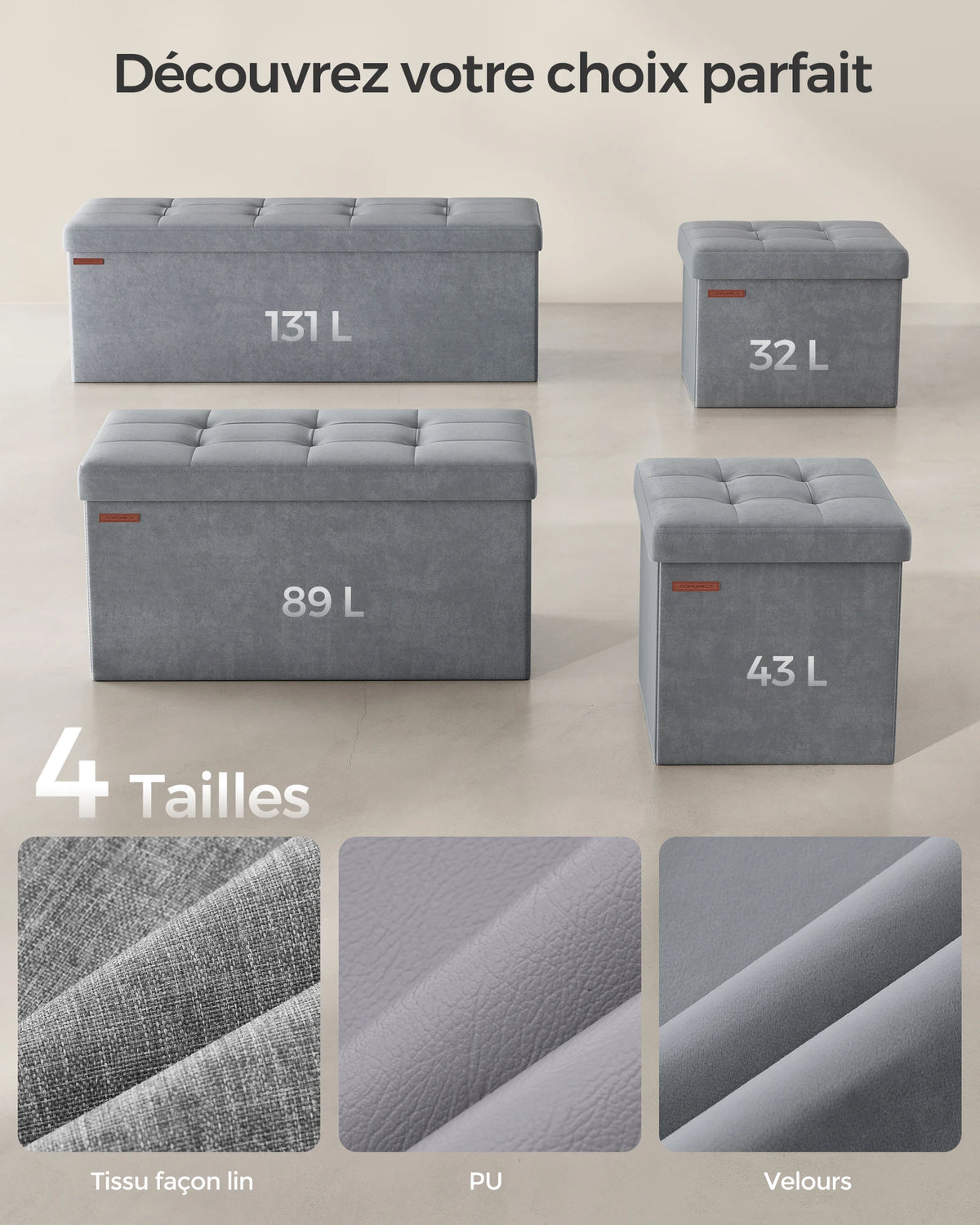 Banc coffre pliable 110 cm avec assise rembourrée — comparaison de formats de la gamme