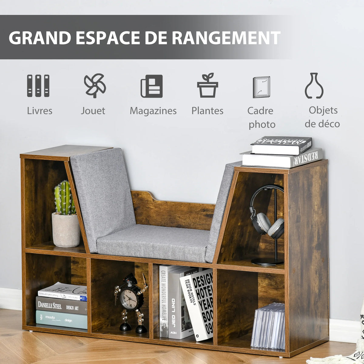 Banc bibliothèque 6 compartiments, brun rustique, 102 cm — livres et accessoires
