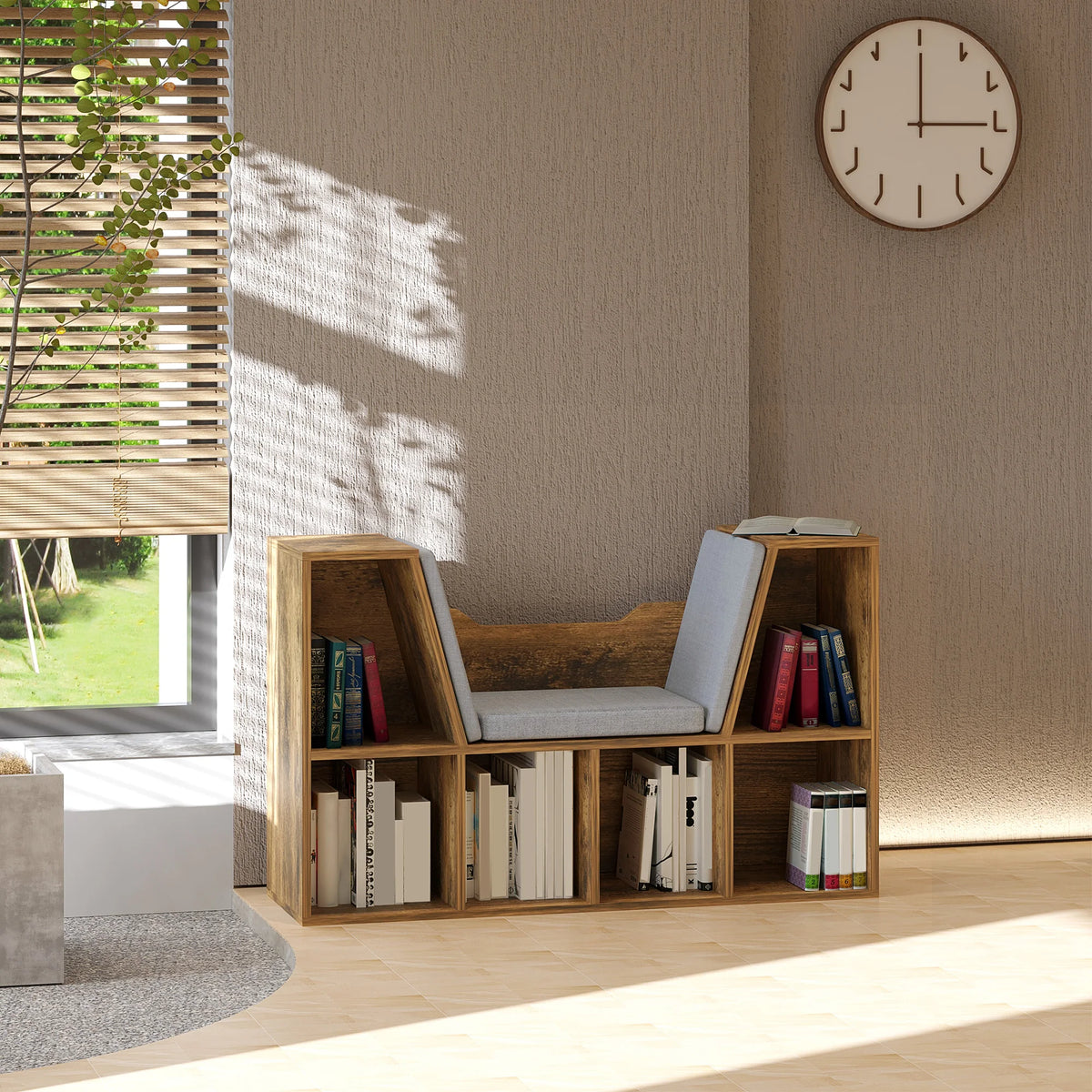 Banc bibliothèque 6 compartiments, brun rustique, 102 cm — près d’une fenêtre