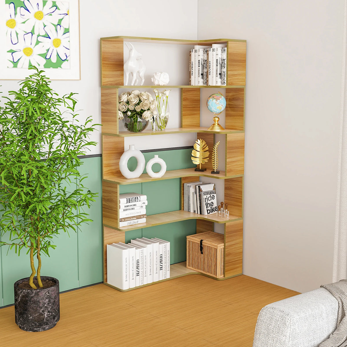 Étagère d’angle en forme de L en bois à 5 niveaux, étagères ouvertes pour livres