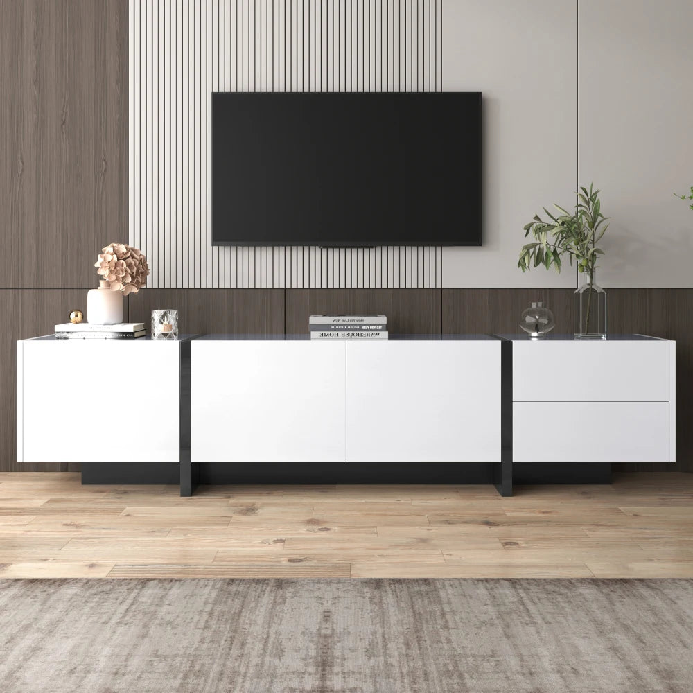 Meuble TV bas de 190 cm aux façades blanches et noires, visuel 8