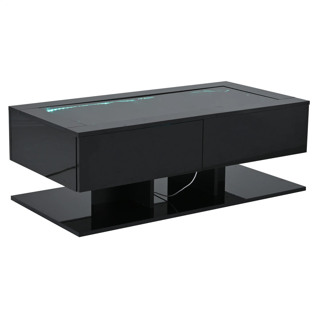 Table basse LED noire avec tiroirs 100 × 50 cm