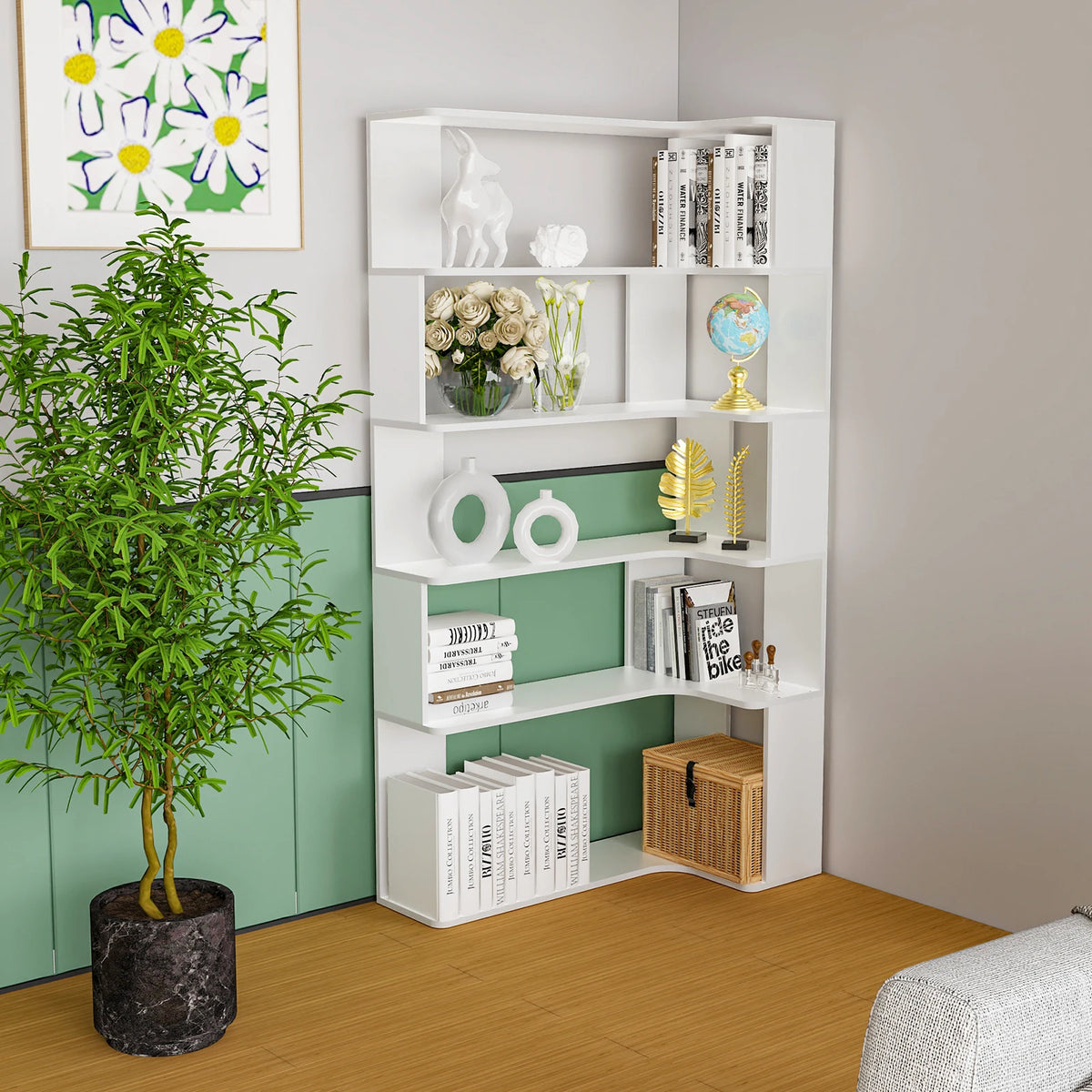 Étagère d’angle en forme de L blanche à 5 niveaux, rangement pour livres et décorations
