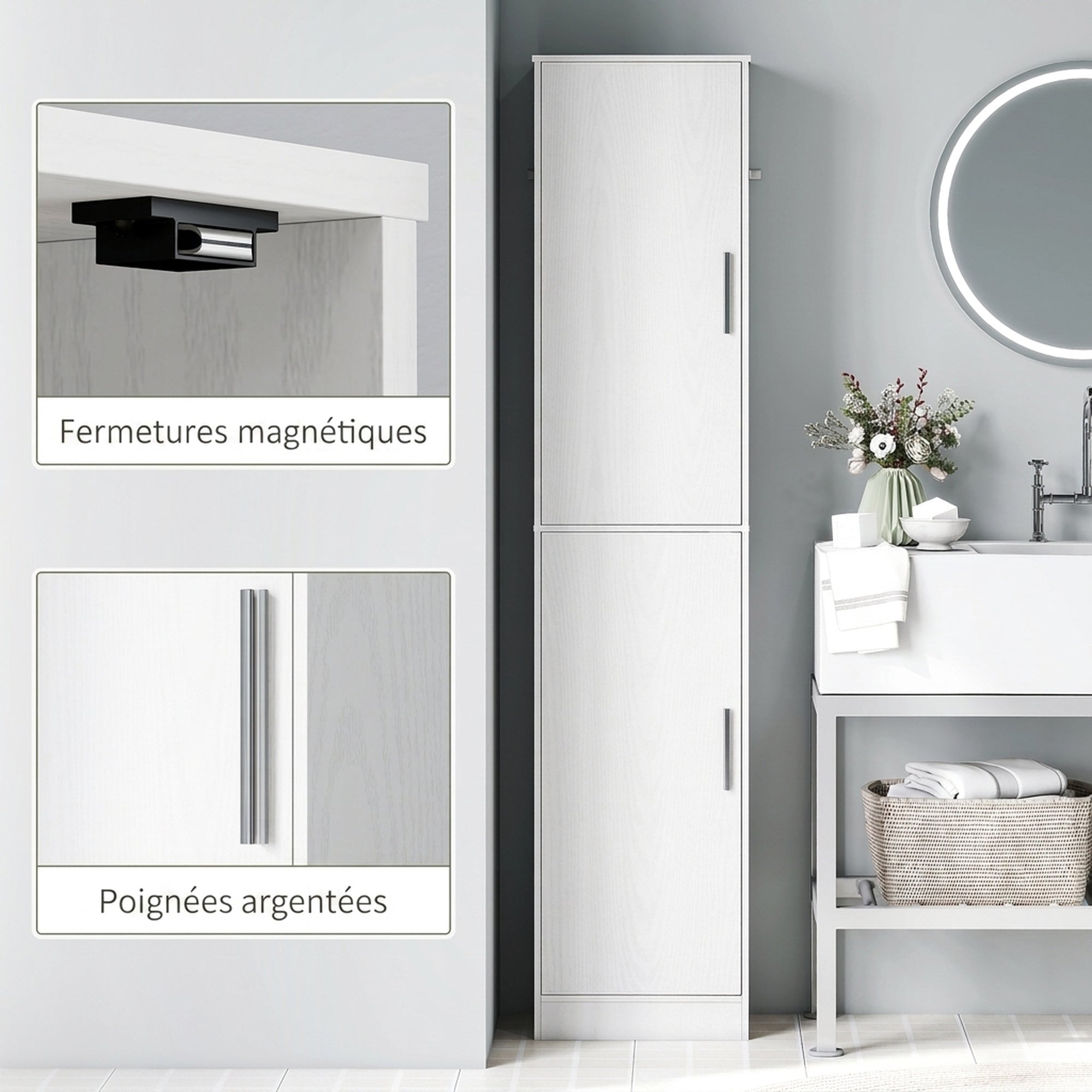 Colonne de salle de bain 2 portes et 4 étagères réglables
