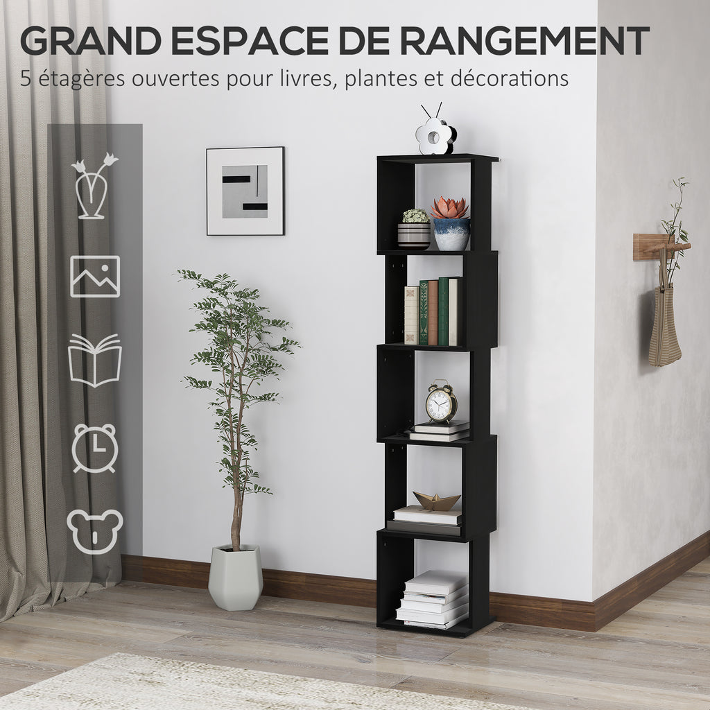 Bibliothèque étroite noire à 5 niveaux, hauteur 161 cm — cinq espaces de rangement