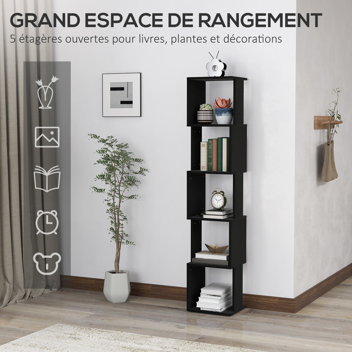 Bibliothèque étroite noire à 5 niveaux, hauteur 161 cm — cinq espaces de rangement