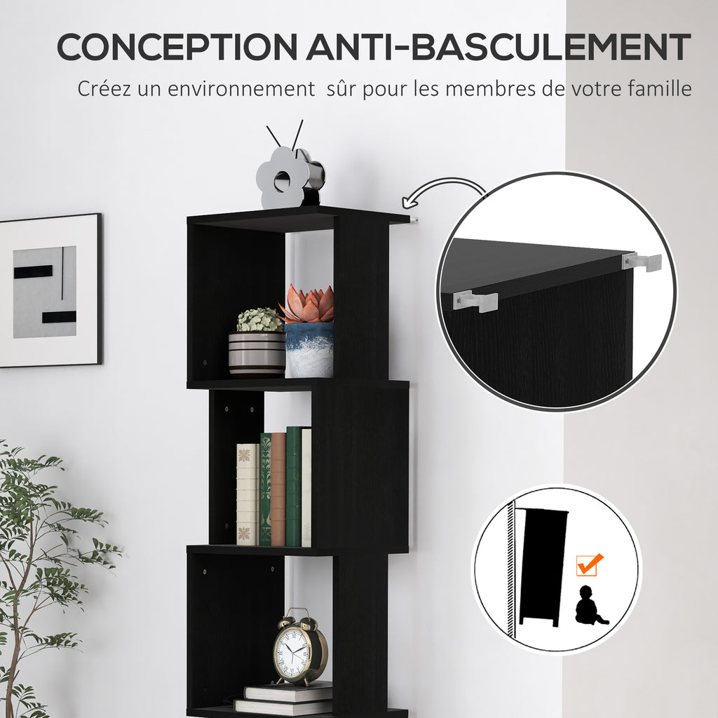 Bibliothèque étroite noire à 5 niveaux, hauteur 161 cm — attache anti-basculement