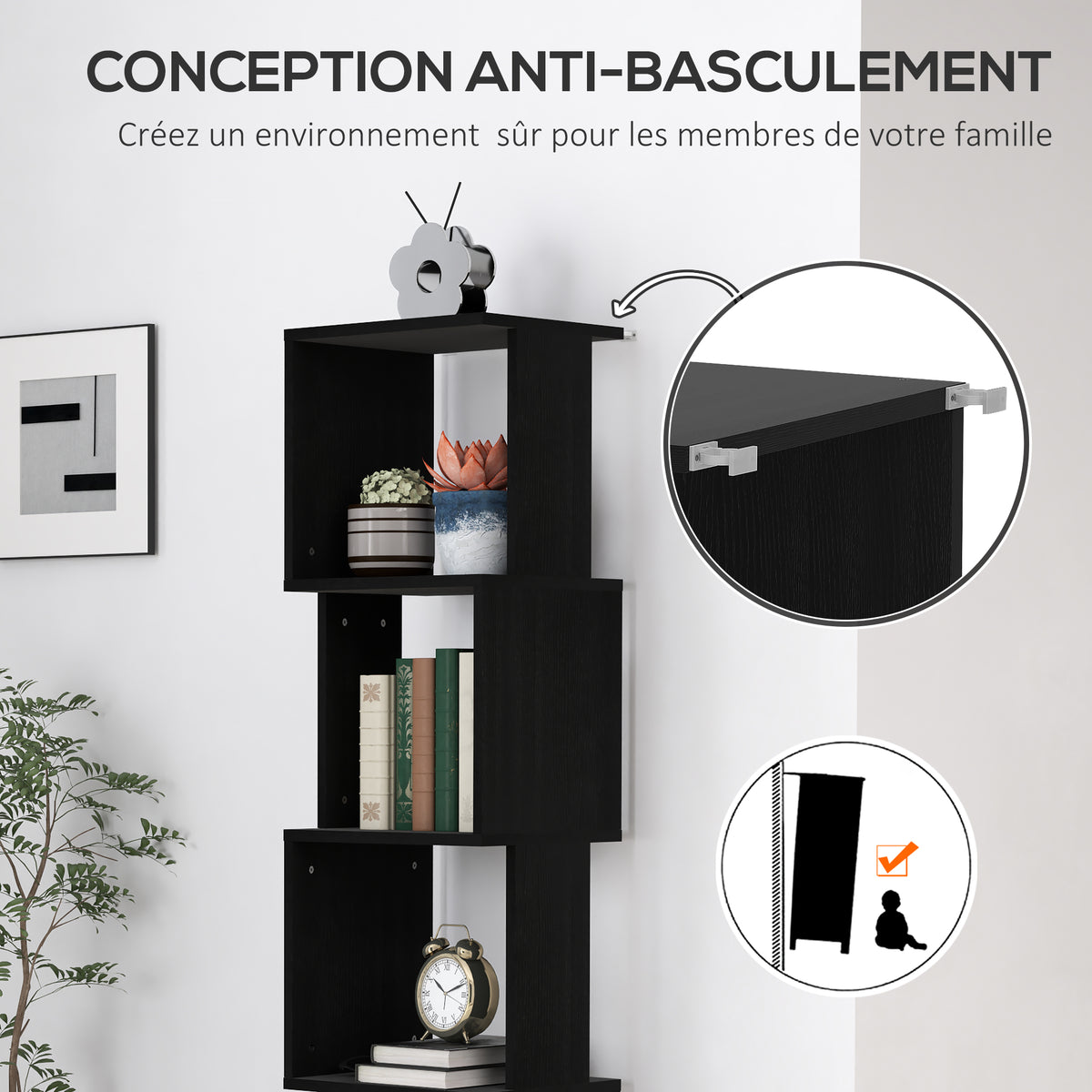 Bibliothèque étroite noire à 5 niveaux, hauteur 161 cm — attache anti-basculement