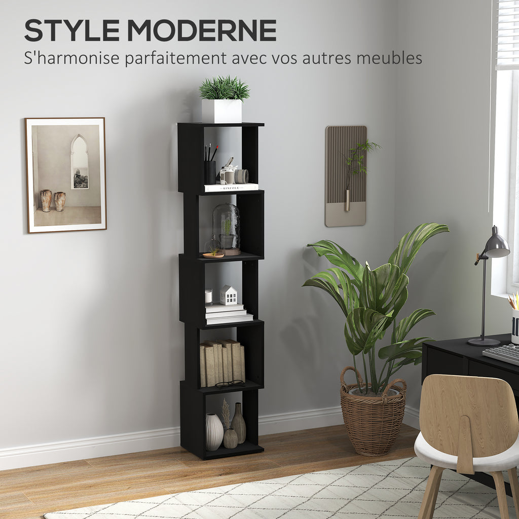 Bibliothèque étroite noire à 5 niveaux, hauteur 161 cm — mise en situation