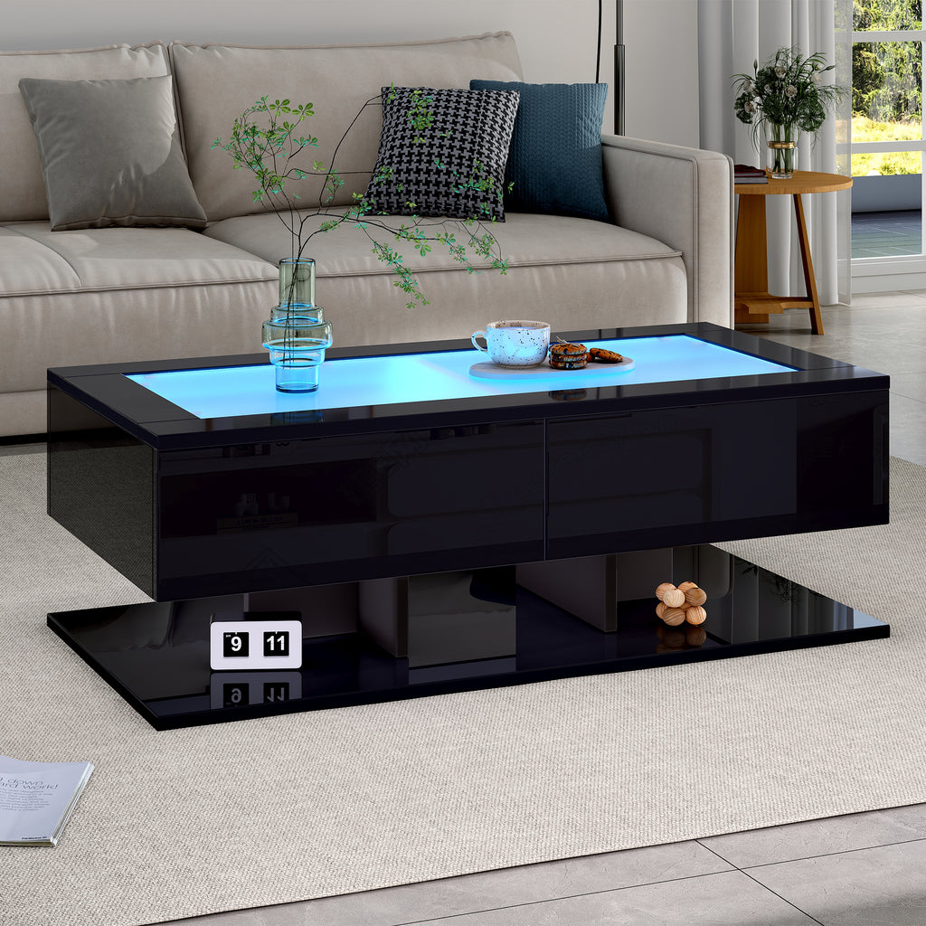 Table basse LED noire avec tiroirs 100 × 50 cm