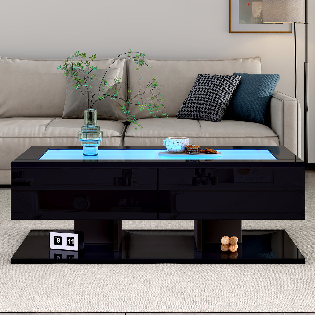 Table basse LED noire avec tiroirs 100 × 50 cm