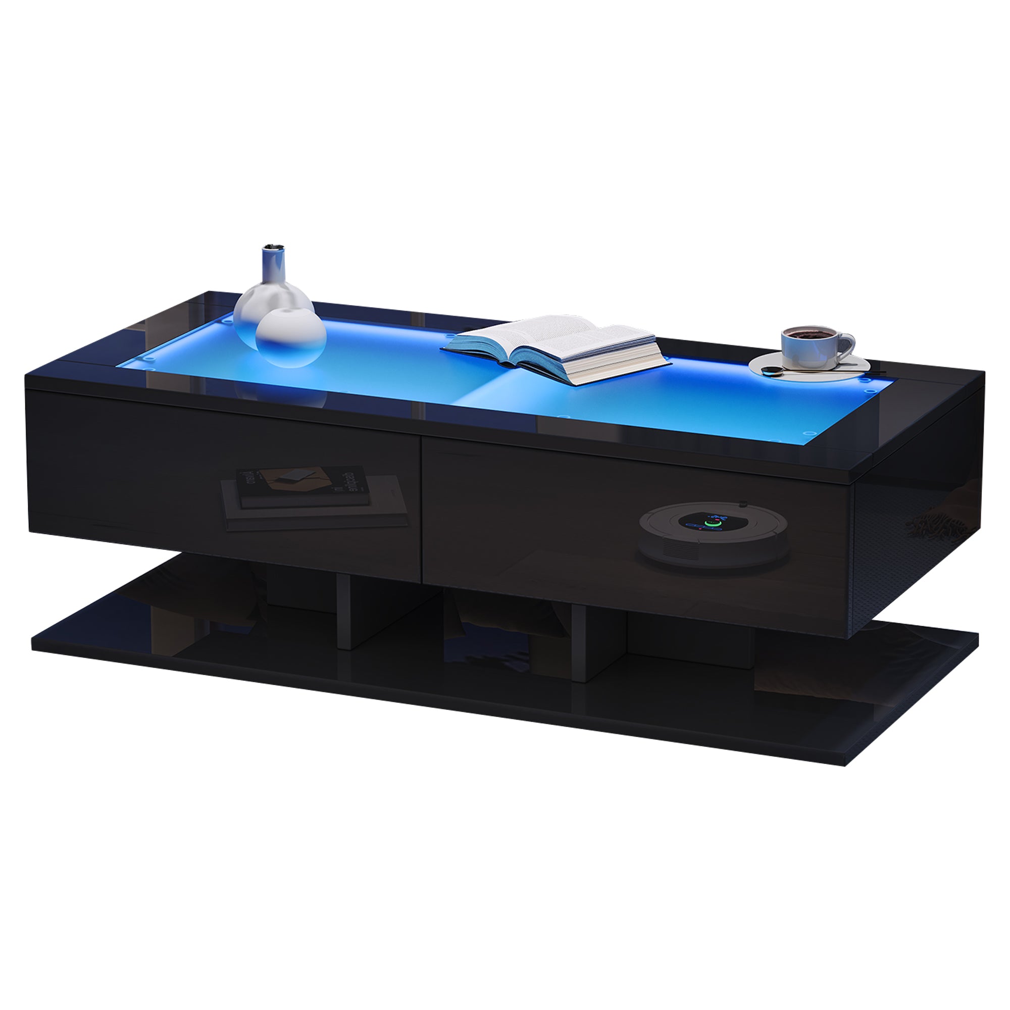 Table basse LED noire avec tiroirs 100 × 50 cm