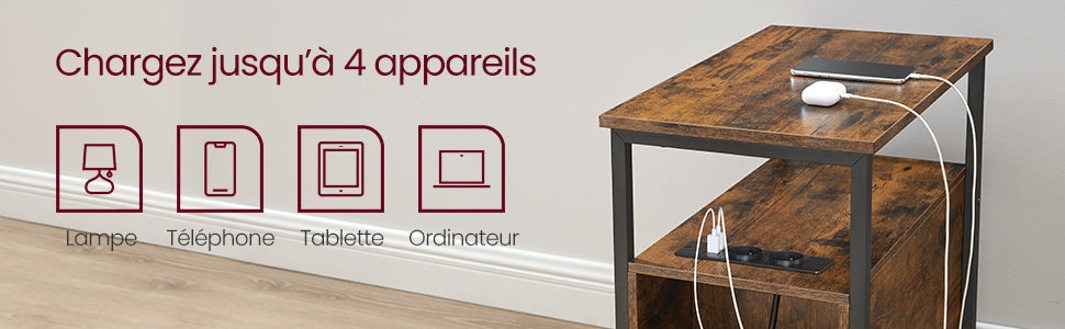 Table de chevet fine avec multiprise et 2 tiroirs
