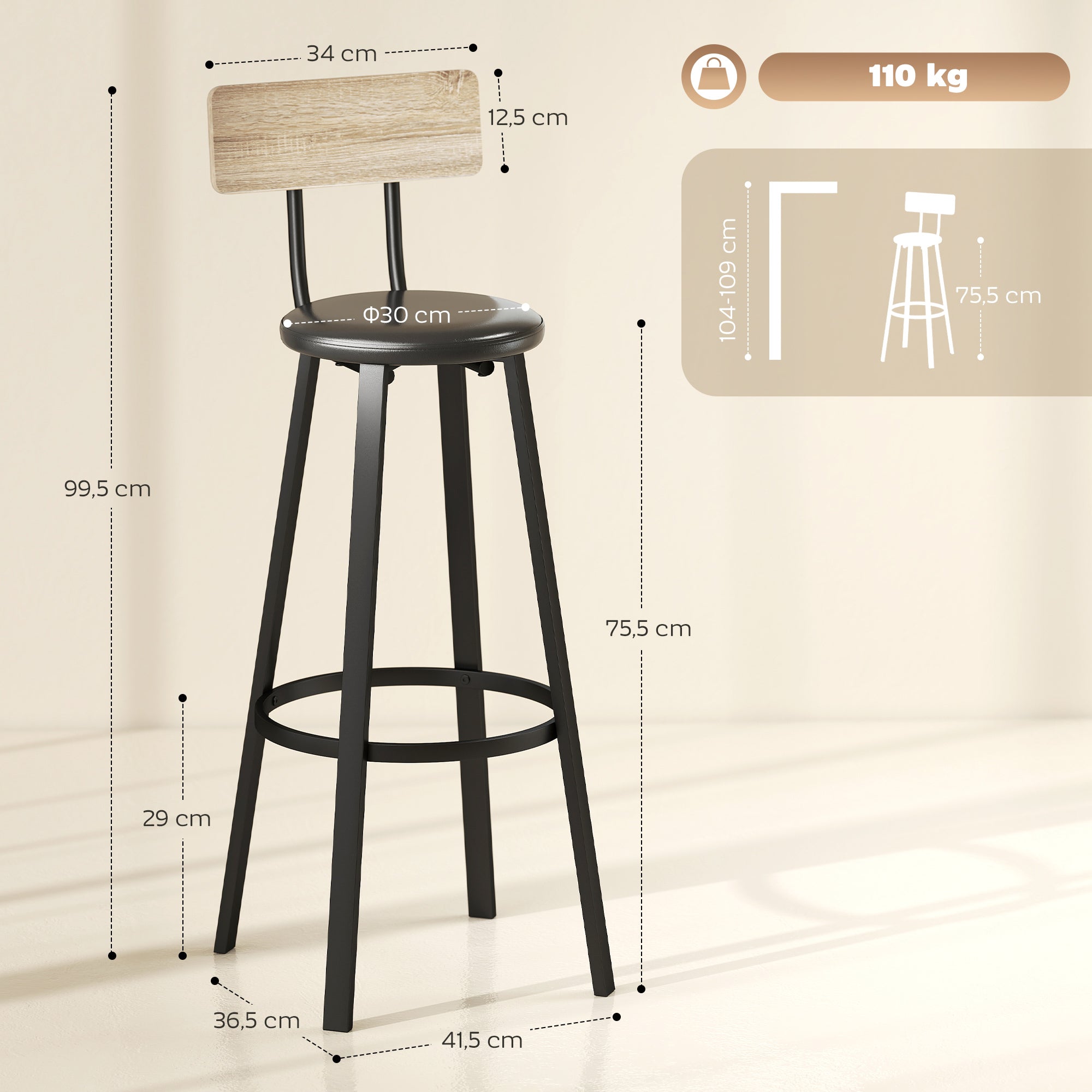 Lot de 2 tabourets de bar rembourrés hauteur 75,5 cm