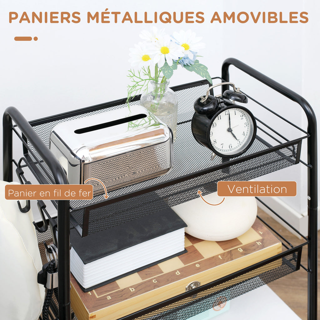 Desserte à roulettes noire, 3 paniers — détail des paniers ajourés