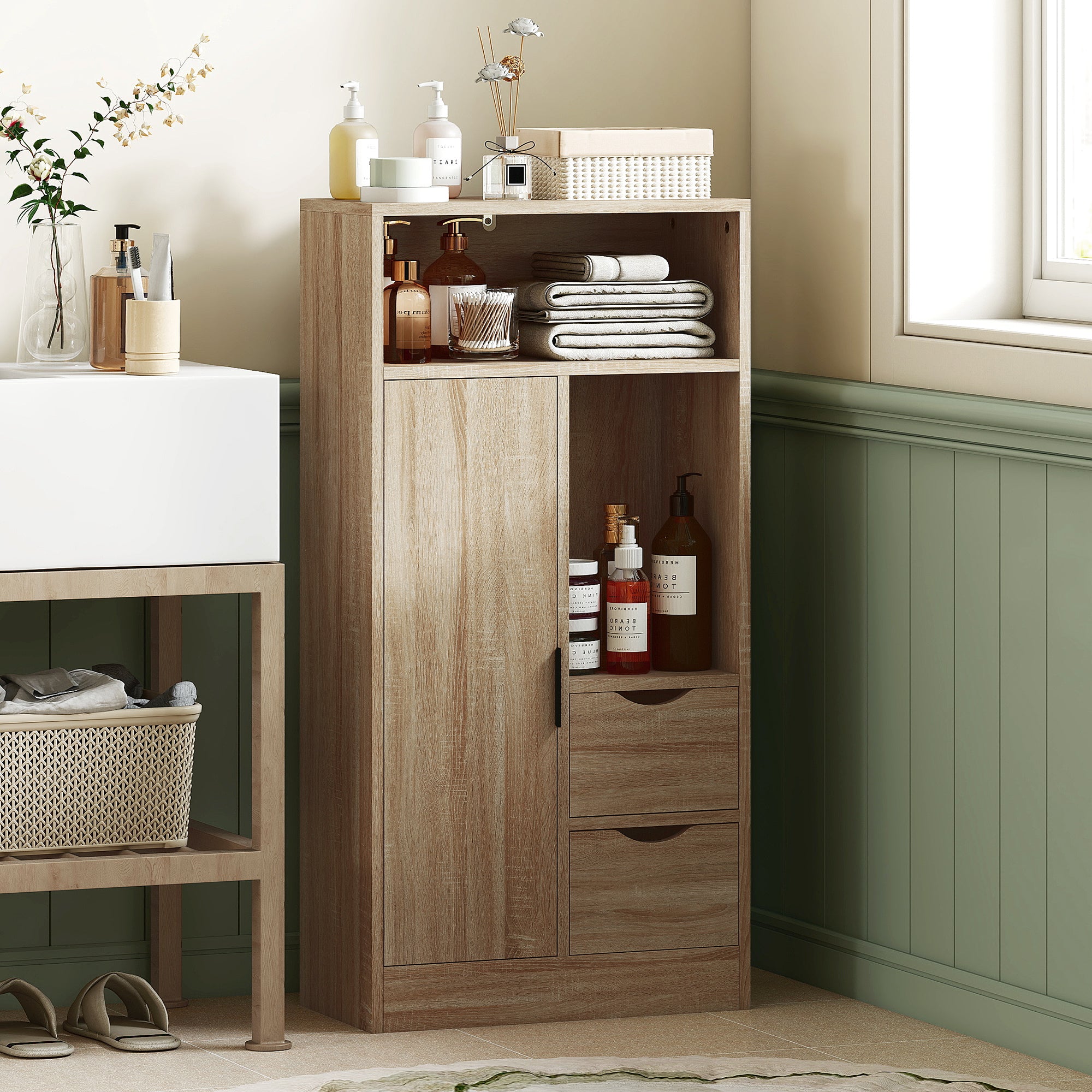 Colonne de salle de bain 2 tiroirs et étagère réglable