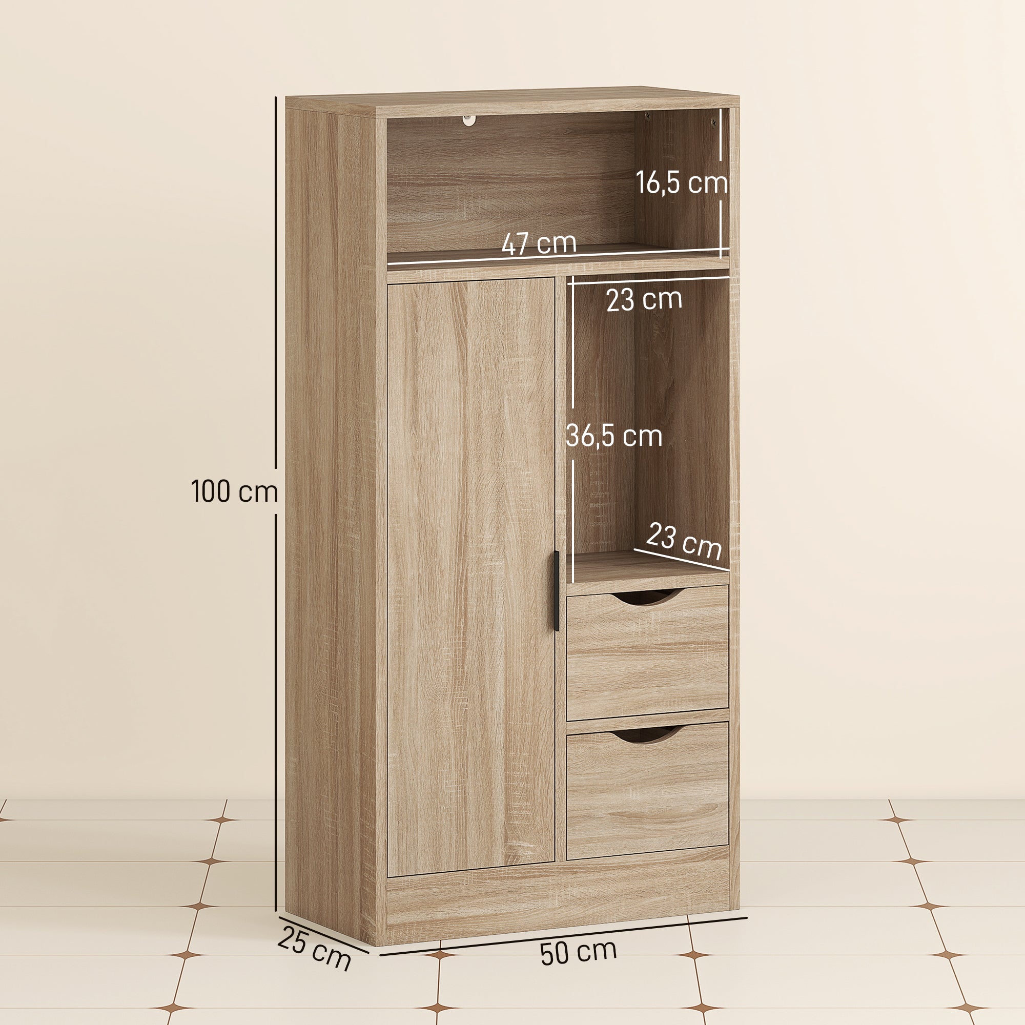 Colonne de salle de bain 2 tiroirs et étagère réglable