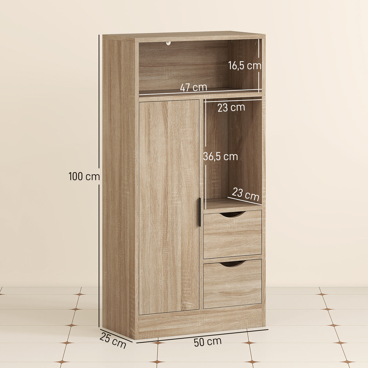 Meuble de salle de bain effet bois, 2 tiroirs et porte