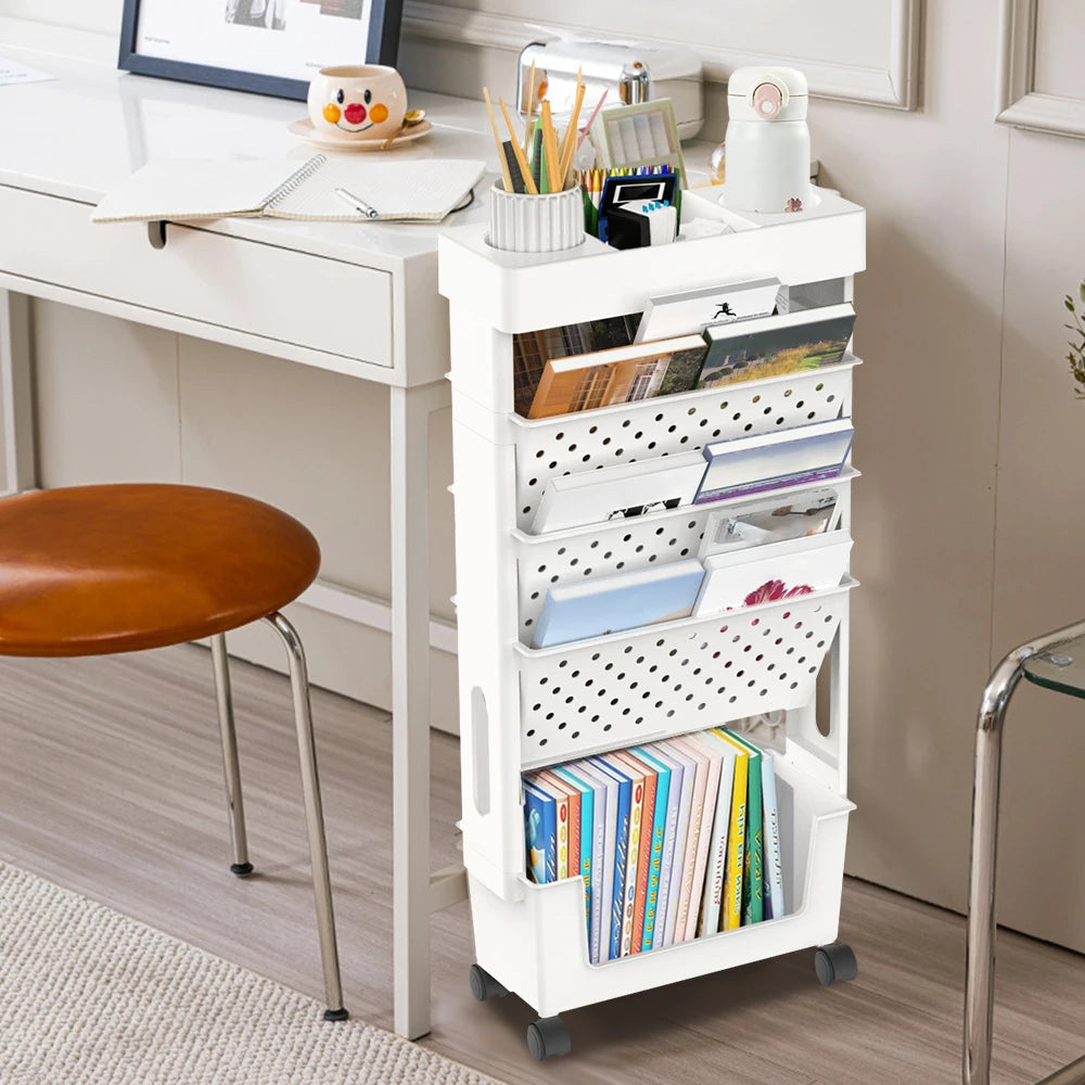 Bibliothèque mobile étroite à 5 niveaux, détail du rangement