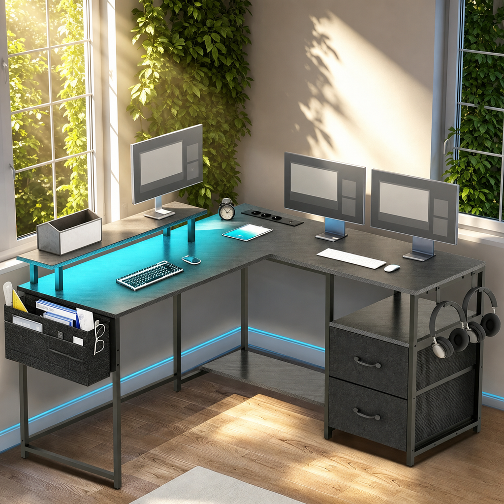 Bureau gaming en L noir avec éclairage LED