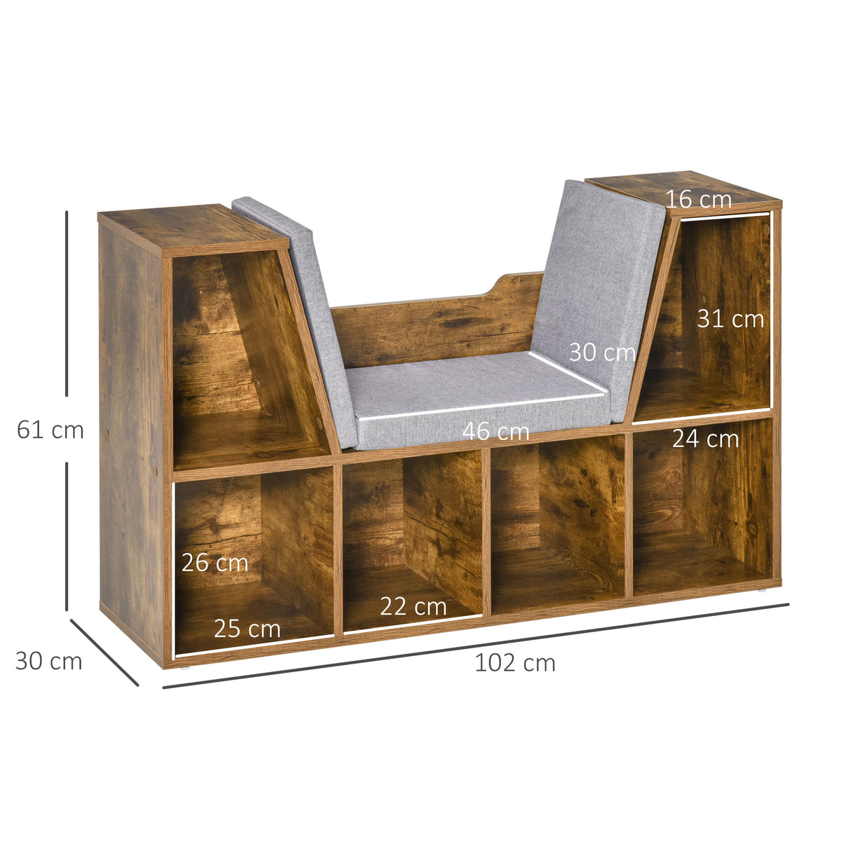 Banc bibliothèque 6 compartiments, brun rustique, 102 cm — dimensions des compartiments